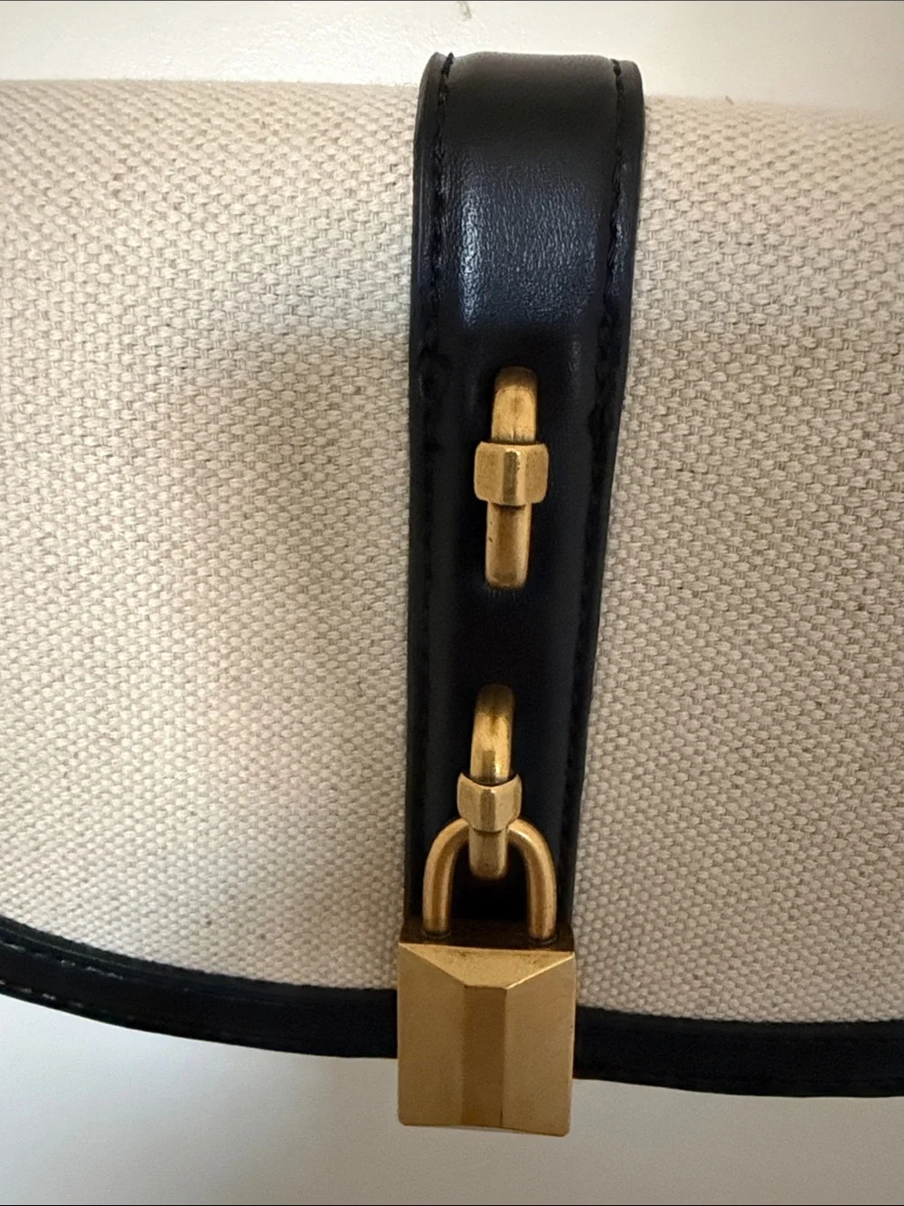 Zara Canvas and Black pleather Crossbody Saddle Bag - 10x6 in, 22 in. strap.